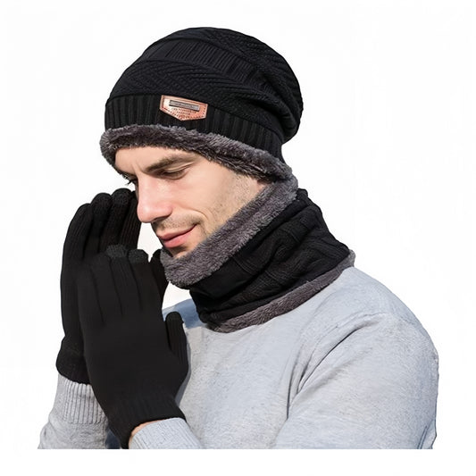 Black Beanie Wool Cap With Neck Warmer