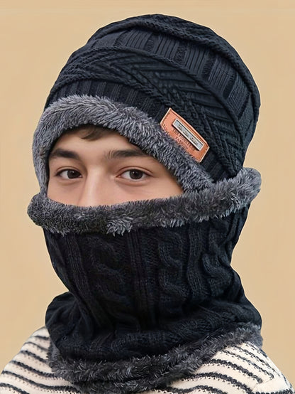 Black Beanie Wool Cap With Neck Warmer